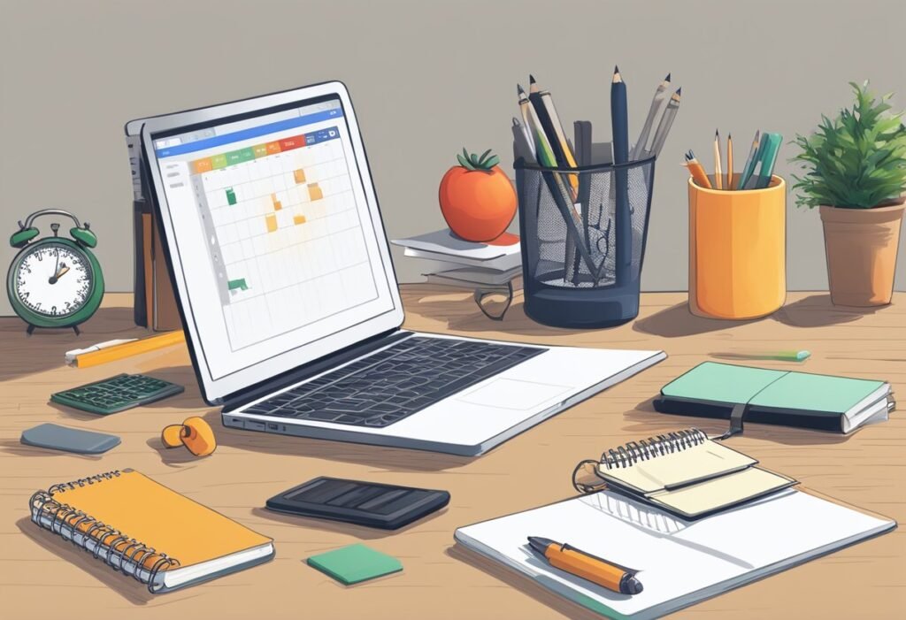 A desk with a pomodoro timer ticking, surrounded by productivity tools and a notebook